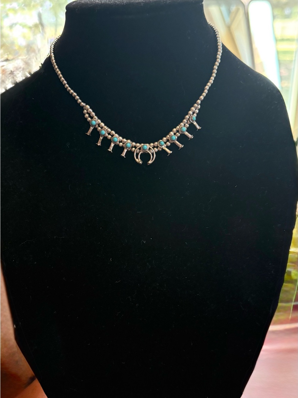 Miniature Turquoise Squash Blossom-Inspired 15” Necklace